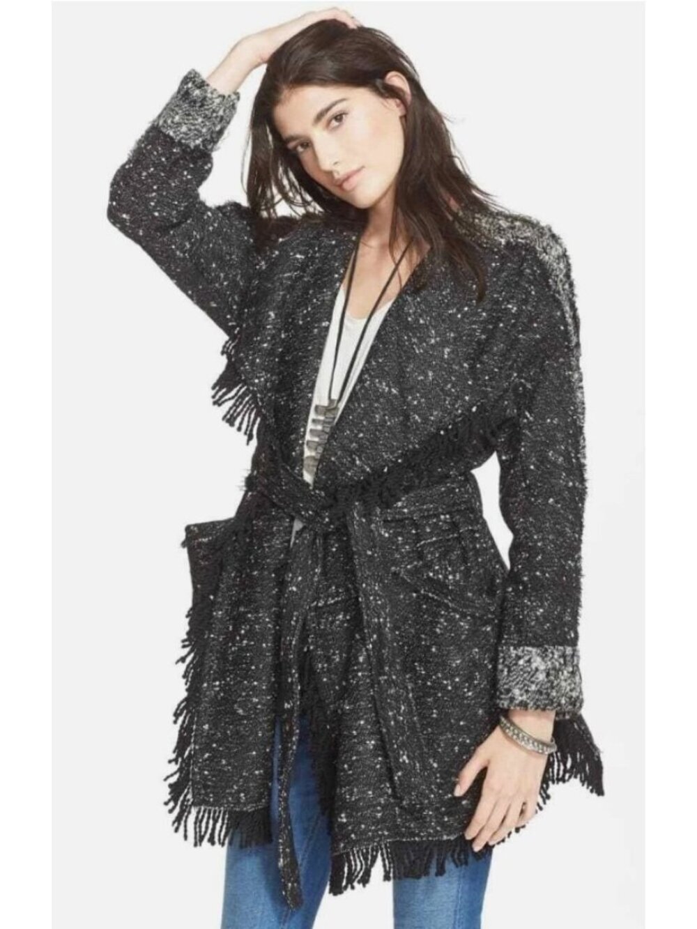 Free People Black Fringe Wrap Blanket Coat Womens L Wool Blend Tweed